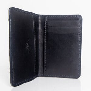 Black alligator front pocket wallet with 5 card slots, bill pocket, RFID lining, and bridle leather interior. Handmade in Florida.