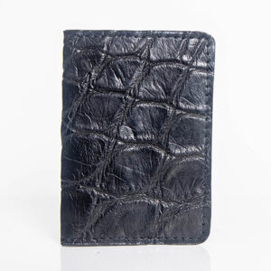 Black alligator front pocket wallet with 5 card slots, bill pocket, RFID lining, and bridle leather interior. Handmade in Florida.