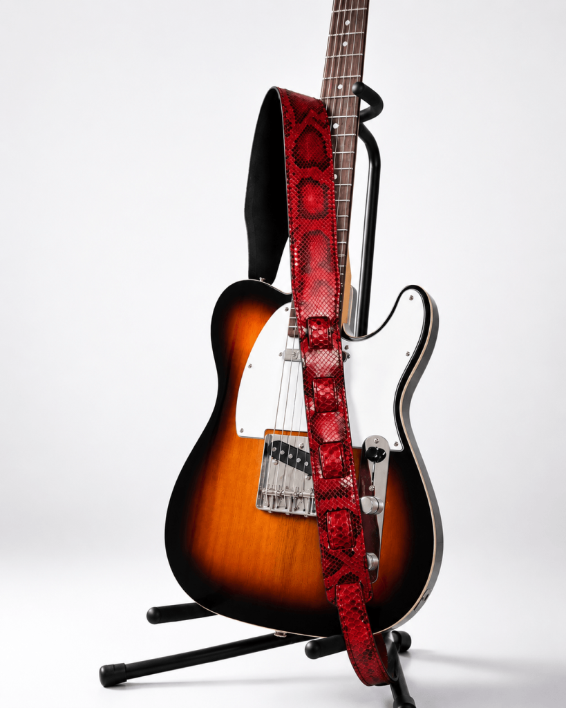 Red python guitar strap on guitar